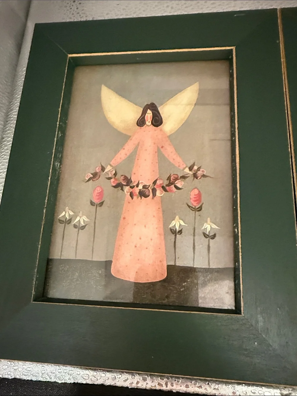 Vintage Set of 3 Angel Wall Art Prints in Green Frames